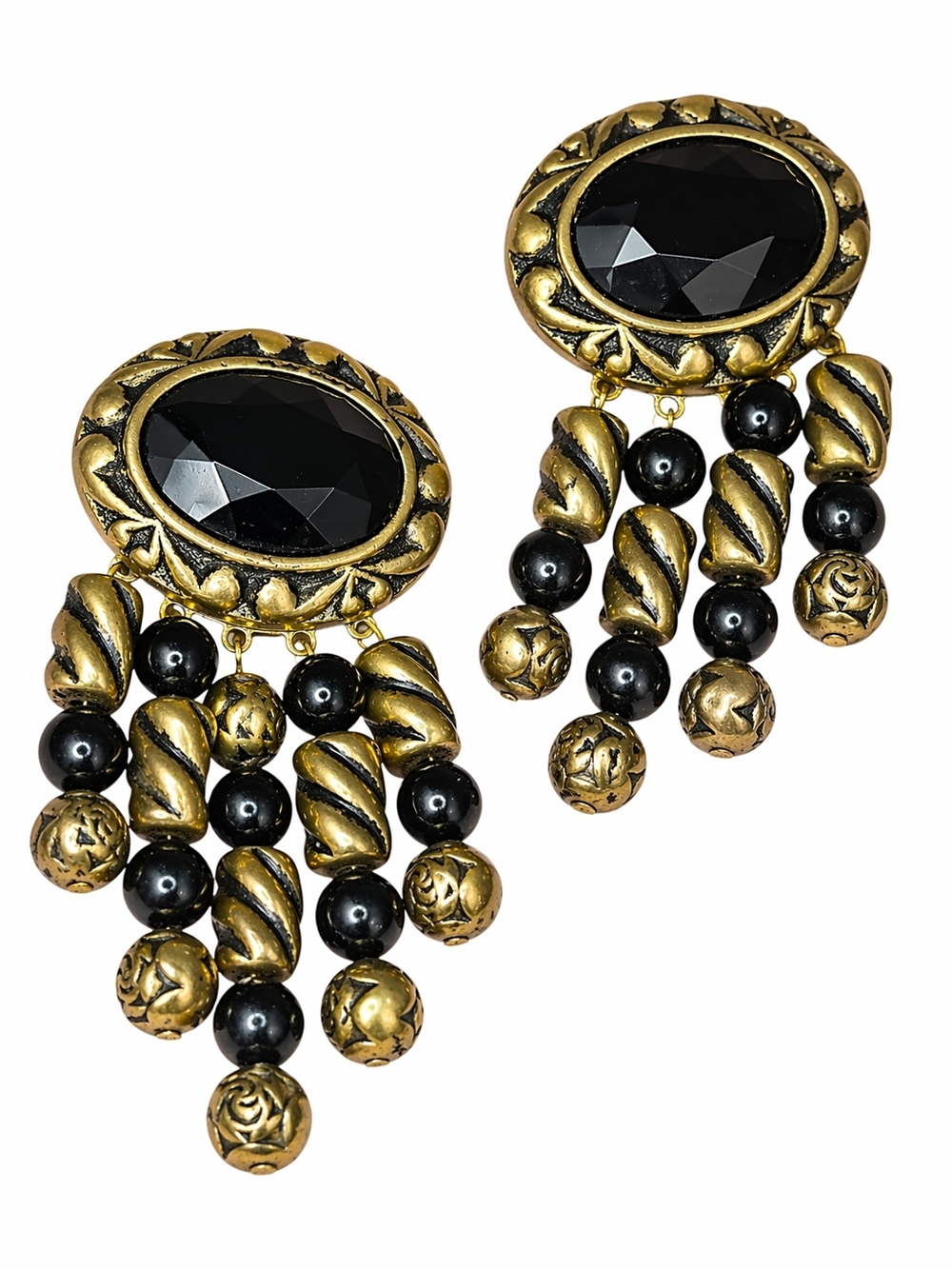 Vintage Gold Tone Black Acrylic Bead Clip On Earrings Large Statement Chandelier